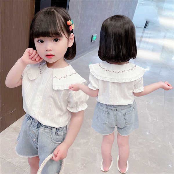 

summer girls short sleeve embroidered shirt shorts suit sweet x0902, White