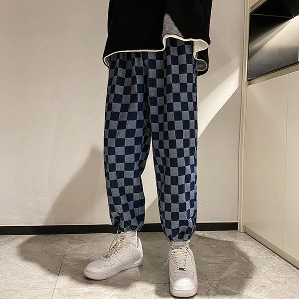 

2021 new korean plaid men's fashion casual retro straight men streetwear loose hip-hop wide-leg jeans mens denim pants -2xl c9ar, Blue