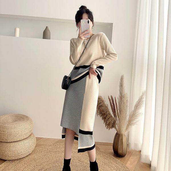 

women's tracksuits knitted 2 pieces set women pullovers sweater crop & irregular skirts suit office lady sets 2010 autumn winter, Gray