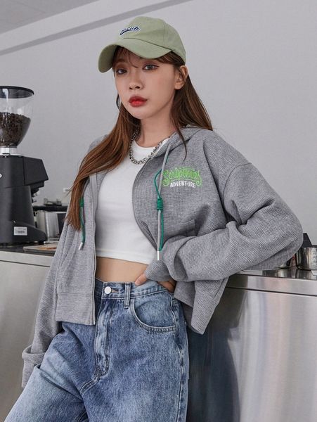 

dazy letter graphic zipper up drawstring crop hoodie 25m8#, White;black