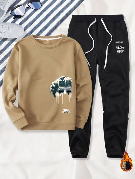 

men figure graphic thermal lined sweatshirt & letter graphic drawstring waist sweatpants a3l4#, Gray