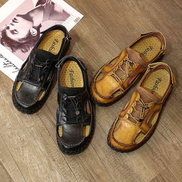 

slippers fashion men beach sandals casual outside breathable mens summer comfortable light sandalias genuine leather shoes b7wa, Black