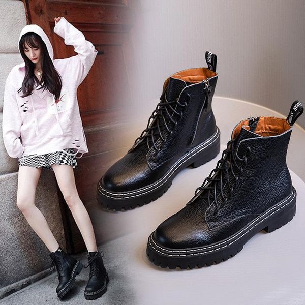 

boots women's shoes net red yangmi same english thick bottom plush flat heel leather short, Black