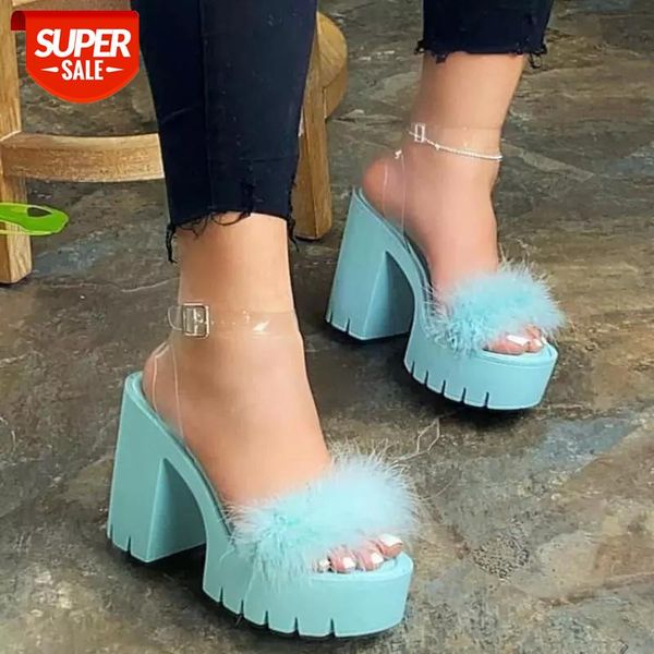 

woman furry pumps high heels with fur female snake pattern sandals platform women clear ankle strap women's shoes 2020 #vt58, Black