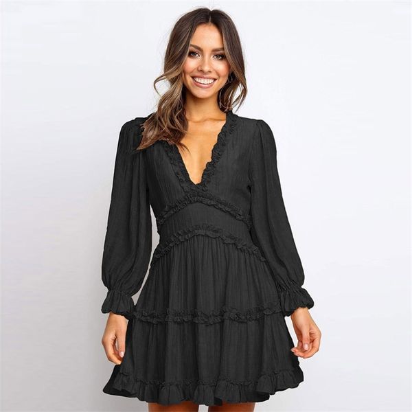 

autumn and winter new deep v dress women's large solid color ruffle knee length skirt 221766, Black;gray