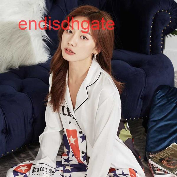 

spring and autumn ice silk pajamas women new star print lovely cardigan long sleeve trousers two piece home su, Black;white