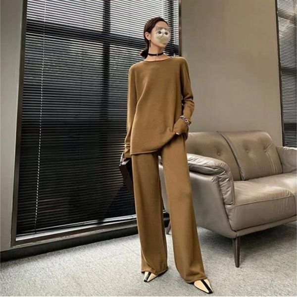 

women's two piece pants casual loose knitted suit autumn solid two-piece set long sleeve pullover sweater wide leg fashion female outfi, White