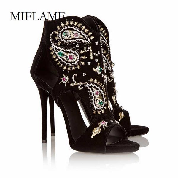 

sandals miflame 2021 women stiletto fashion diamond embroidery hollow out summer pearl peep toe leisuer thin heels, Black