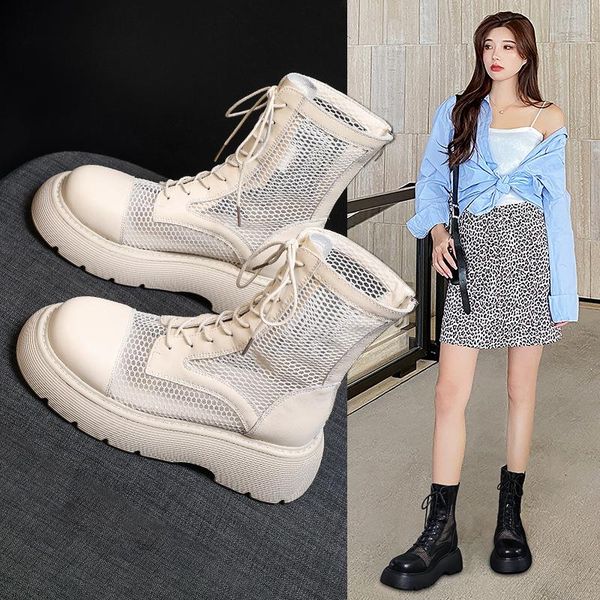 

boots hollow out women summer thin breathable thick sole net 2021 british style lace-up ankle cold, Black