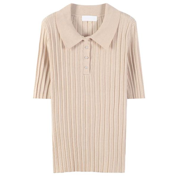 

women's polos 2021 apricot french temperament lapel pearl button thin sweater short sleeve pullover female rib, White