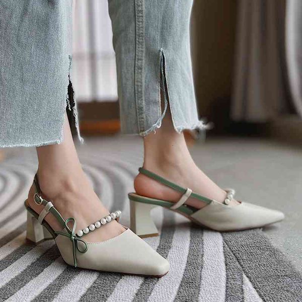 

sandals pearl bowknot square toe mules shoes women summer back strap high heels woman 2021 fashion casual office kvfi, Black
