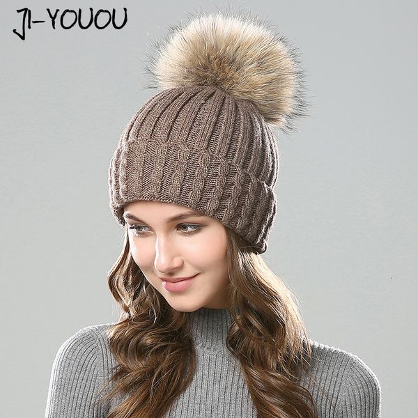 

women winter hats wool knitted raccoon fur pompom stripe thick cap 2021 autumn beanie female skullies beanies hat female for 02, Blue;gray