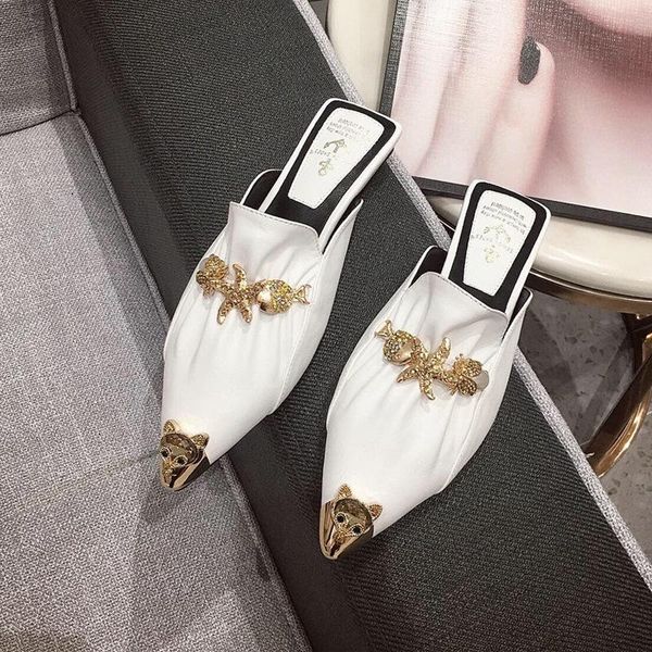 

slippers casual shoes woman 2021 pointed toe pantofle low female mule luxury flat cover mules rubber fabric slides pleated b, Black