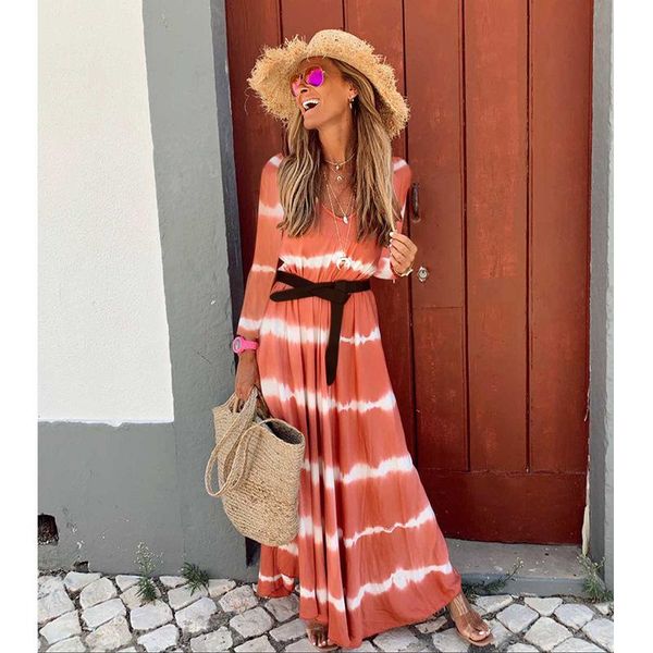 

casual dresses long boho chic hippie beach dress summer elegant 2021 designer waistband trendy stripe clothing sukienka maxi, Black;gray