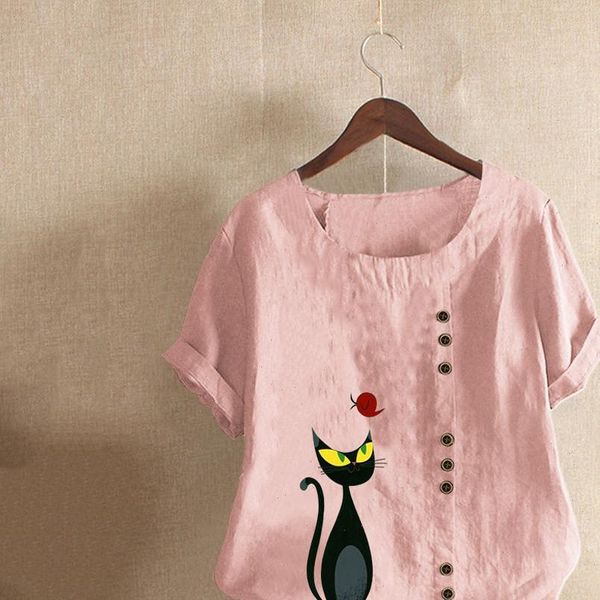 

cartoon cat animal pattern print blouses women o neck short sleeve buttons cotton linen vintage shirts ropa mujer clothes, White