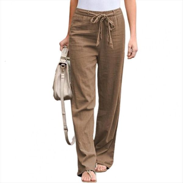 

plus size straight elastic waist women capri solid color casual trousers thin wide leg lace up belt long, Black;white