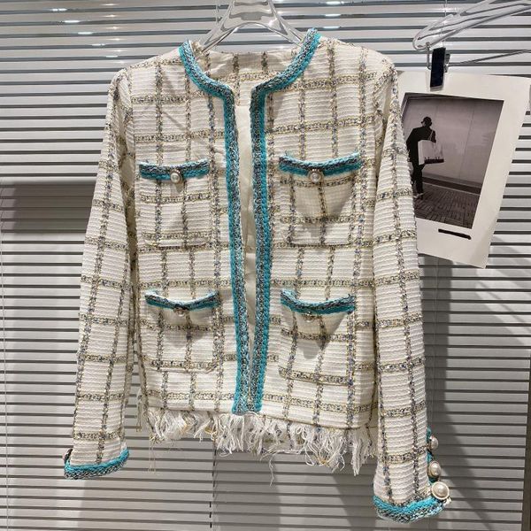 

women's jackets prepomp 2021 fall arrival long sleeve o neck pearls buttons white plaid tweed jacket women coat gc656, Black;brown