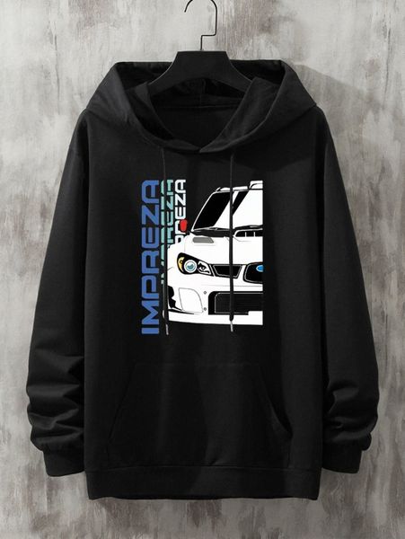 

men letter & car print kangaroo pocket drop shoulder drawstring hoodie d82o#, Black