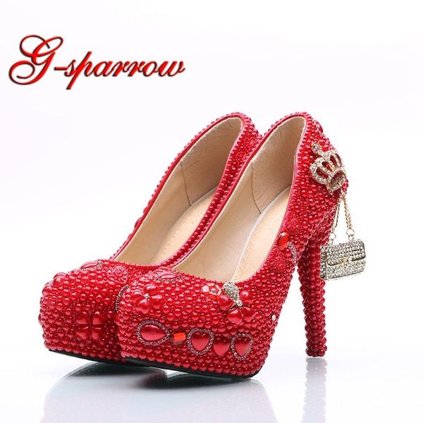

dress shoes handmade wedding red pearl and rhinestone bride round toe platform women party prom high heels plus size 11 12, Black