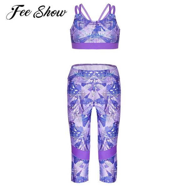 

yoga outfit kids girls sport suit set running gym workout spaghetti straps cropped high waist pants stretchy sportswear