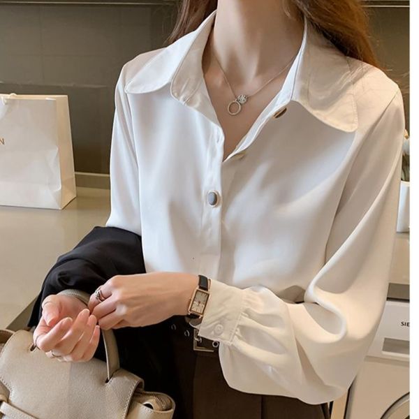 

2021 casual solid female shirts outwear summer autumn new women chiffon blouse office lady button loose clothing hv94, White;black
