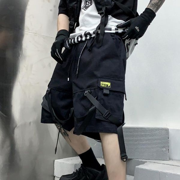 

men's shorts men ribbons hip hop cargo casual streetwear mens harajuku punk short pants bermuda homme, White;black