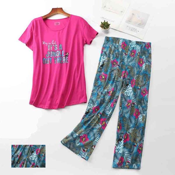 Taglie grandi Mamma Pigiama Set T-shirt manica corta sexy donna grande Pantaloni lunghi Fashion Home Sleepwear 210622