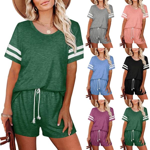 

women's tracksuits women 2 pieces suit shorts set summer striped round neck short sleeve + solid color pants outfit fitness tracksuit, Gray