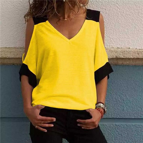 

off shoulder teas summer casual v-neck short mouwen candy color patchwork loose t-shirt ladies hollow out, White