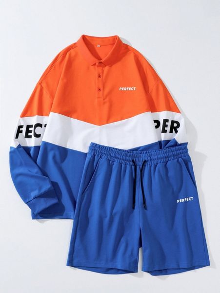 

men letter graphic polo neck colorblock sweatshirt & drawstring waist shorts j8yg#, Gray