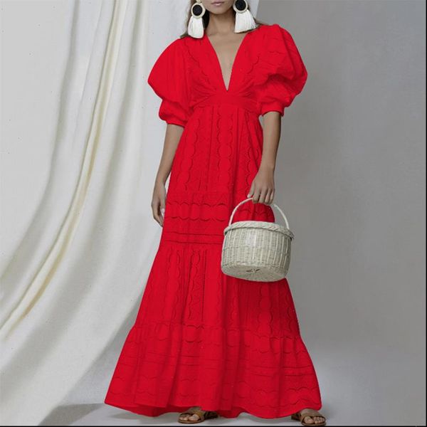 

2021 hollow out white deep v neck ruffle white lace summer dress women vacation beach dress sleeveless long elegant dress, Black;gray