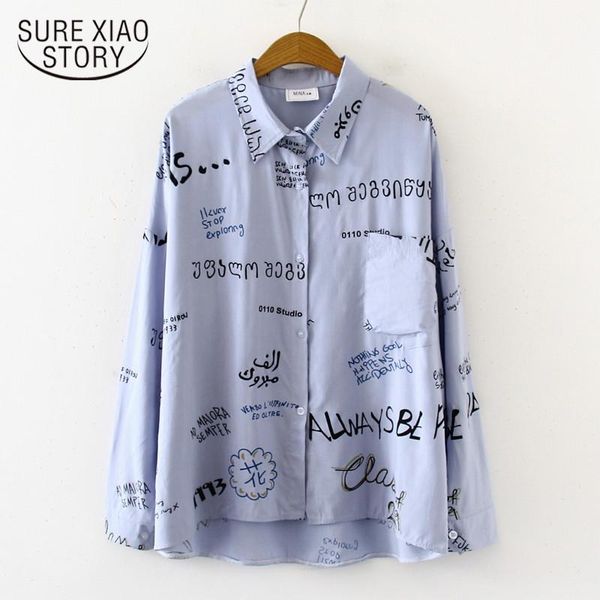 

women's blouses & shirts women graffiti print long sleeve blouse character turn down collar lapel loose cotton shirt 7616 50, White