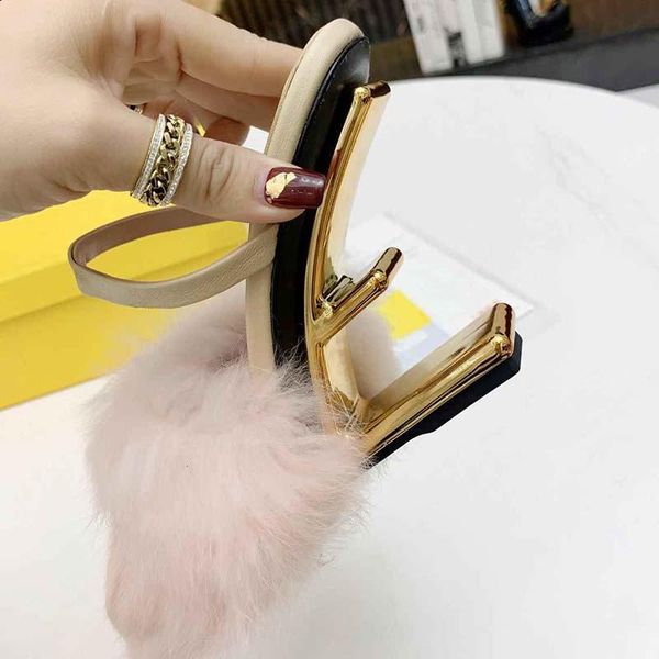 

slippers 2021 genuine leather women furry high heel unique shaped- sweet and fashionable, Black