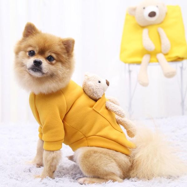 

pet clothes pocket bear fleece sweater yellow capless two legged dog clothes