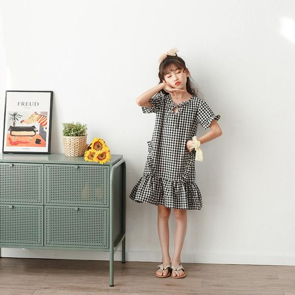 

new fashion spring children dress 2021 costomes short sleeve kids korean style plaid vestidos design o-neck dresses for girls, Red;yellow