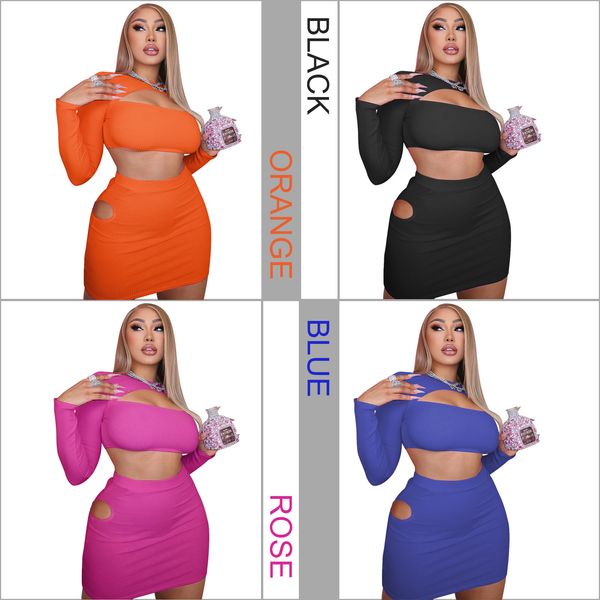 

2 piece sets womens outfits club wear cut out long sleeve crop and mini skirt matching sets d48-cz31, White