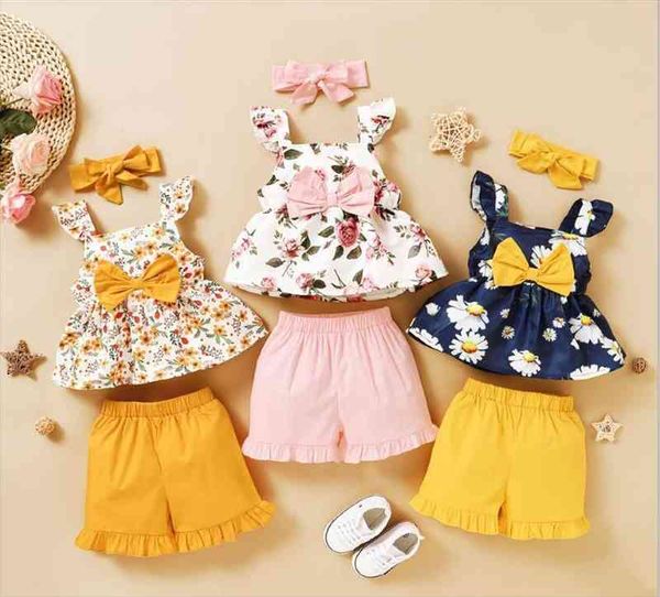 

baby summer clothes sets toddler kids baby girls floral t-shirts shorts pants outfits clothes blue 1-4 years, White