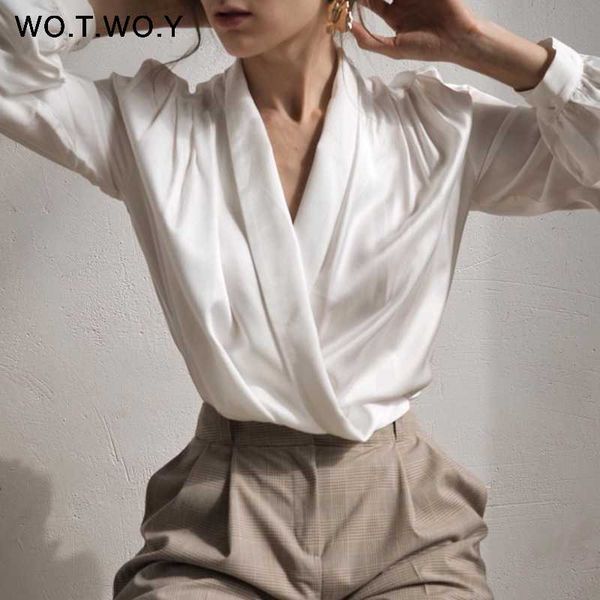 

wotwoy deep v-neck blouse women 2021 spring summer office lady pleating white blouse shirt women elegant soft female