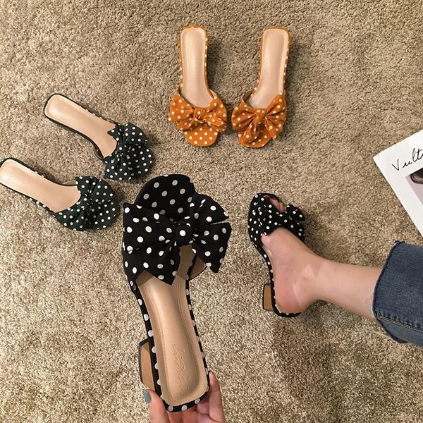 

women's shoes slippers outdoor 2021 new summer bow polka dot open toe thick heel fashion medium heel shoes, Black