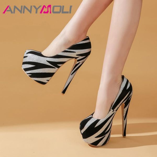 

dress shoes annymoli high heels women pumps mixed colors platform thin party buckle round toe lady plus size 46, Black