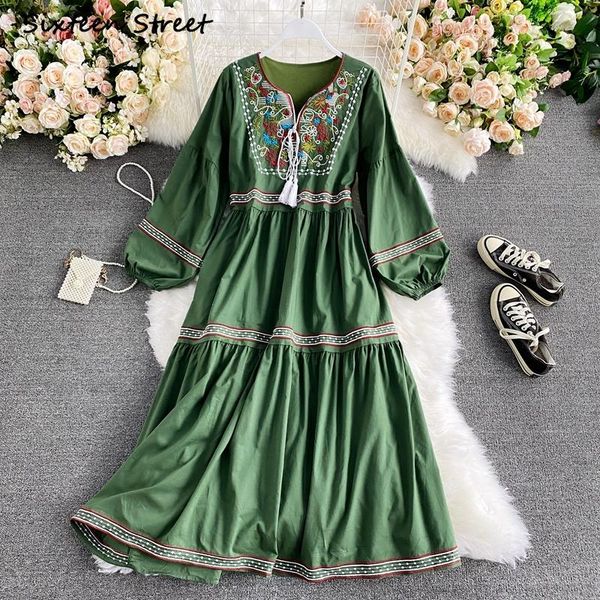 

casual dresses maxi for women autumn vintage embroidered v neck long sleeves stylish ruffles vestido de mujer dress y2k clothing, Black;gray