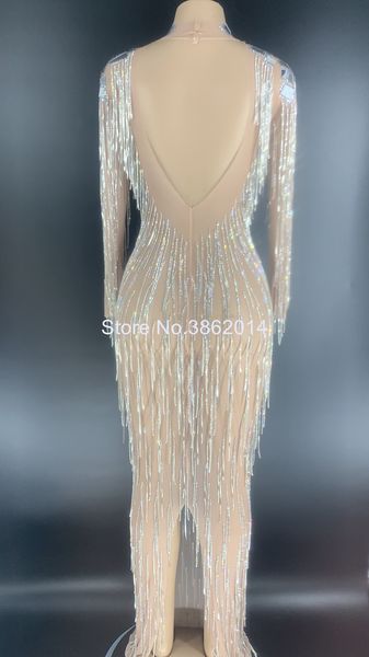 

silver rhinestone fringes dress lady prom evening outfit bar singer see through mesh dress shining mirror birthday party dresses, Black;red