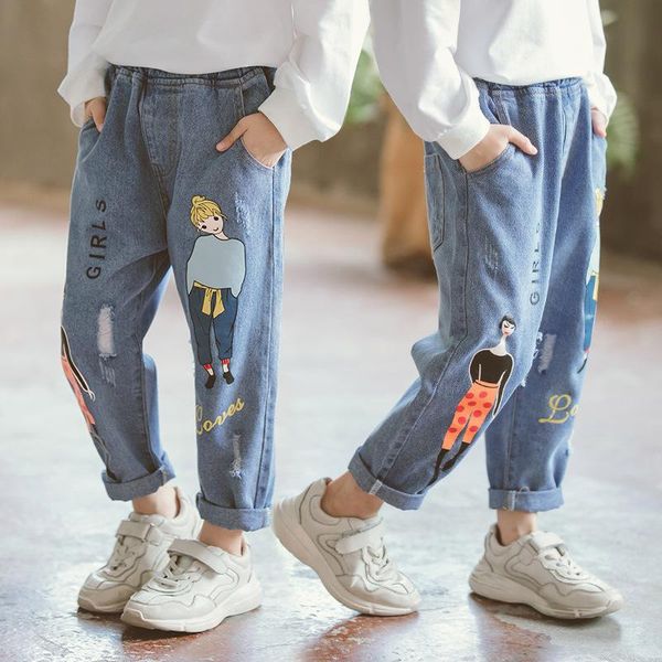 

trousers jeans for girls cartoon pants elastic waist children's teenagers spring autumn 4 6 8 10 12 14 clothes, Blue