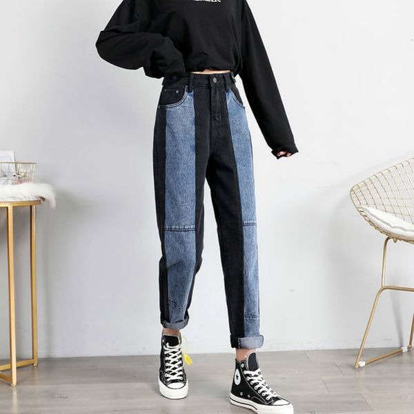 

2021 new blue knit jeans spring high waist plus size female brim loose harlan father women's fashionable denim pants xw1g