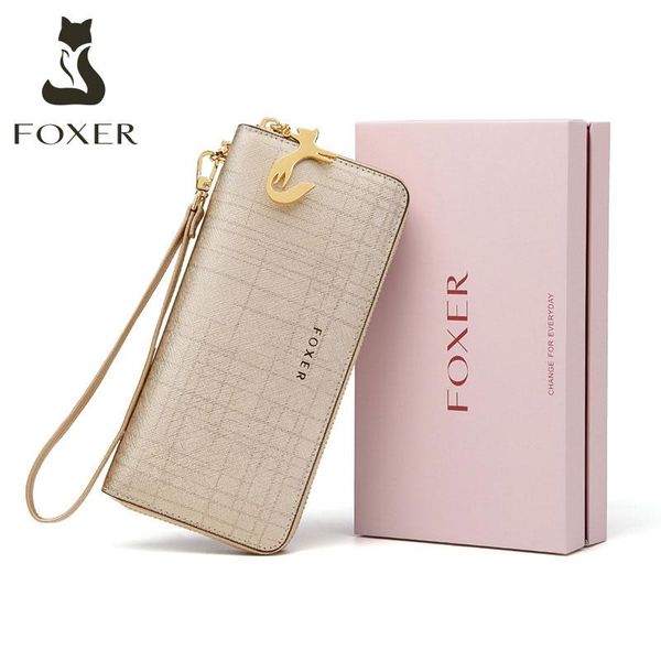 

wallets foxer women cow leather long wallet fashion wristlet clutch purse cellphone bag with wrist strap for, Red;black