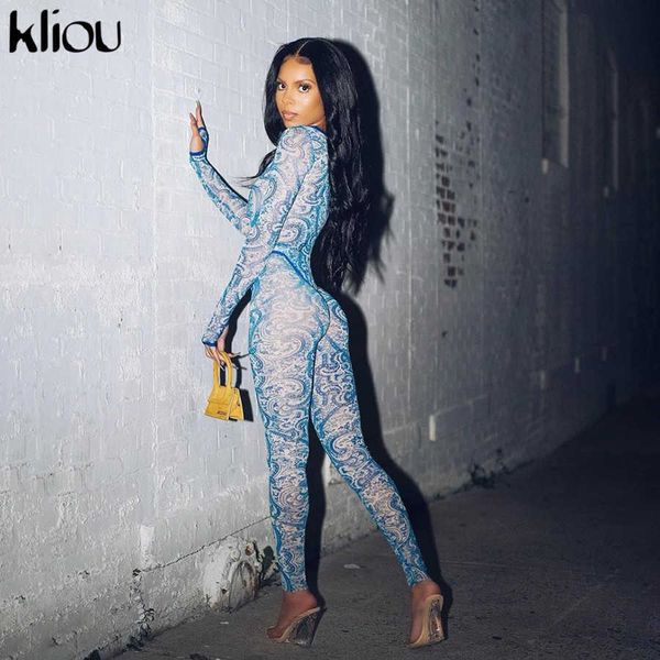 

kliou fashion pattern print mesh spliced two piece set women long sleeve see through bodysuit leggings slim 2 piece outfit 210714, White