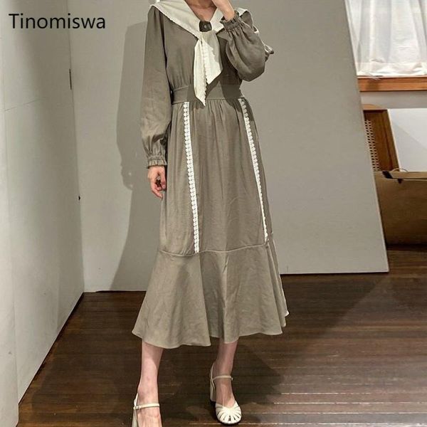 

ruffle lace patchwork a line mid calf dresses slim waist long sleeve vintage dress women contrast color korean style vestidos, Black;gray