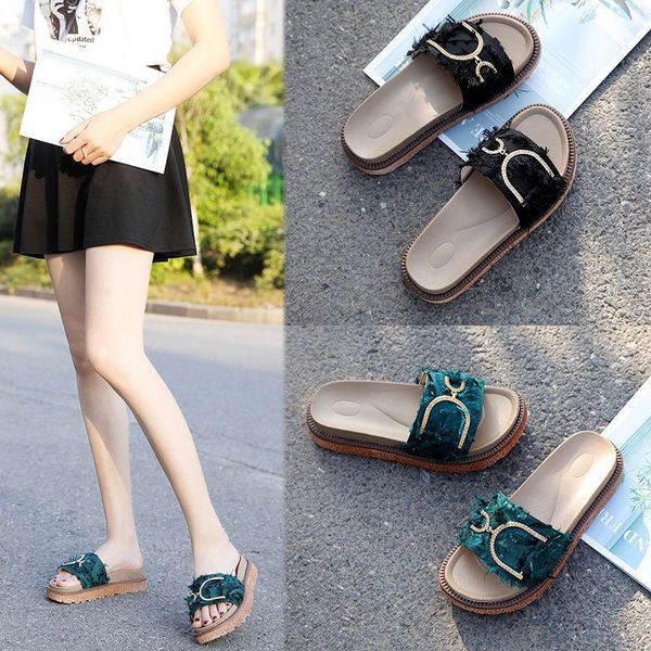 

slippers thick-soled sandals and women's summer wear fashion 2021 flat-bottom non-slip wild beach sponge cake flip flops, Black