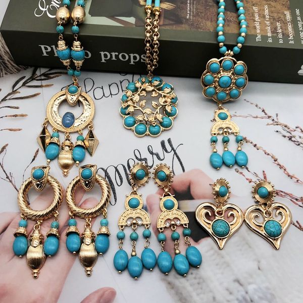 

marble turquoise stone necklace pendant jewelry bohemian fashion stylish personality accessories ear post trendy new statement chunky jewell, Silver