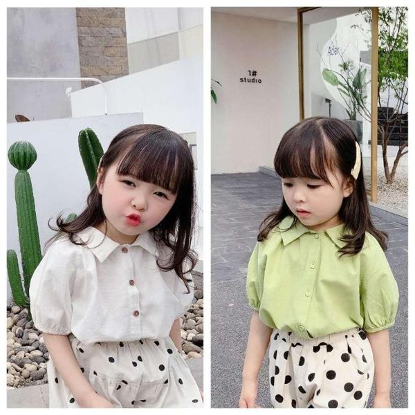 

shirts children's clothing 2021 summer products girls korean linen cotton short-sleeved shirt, White;black